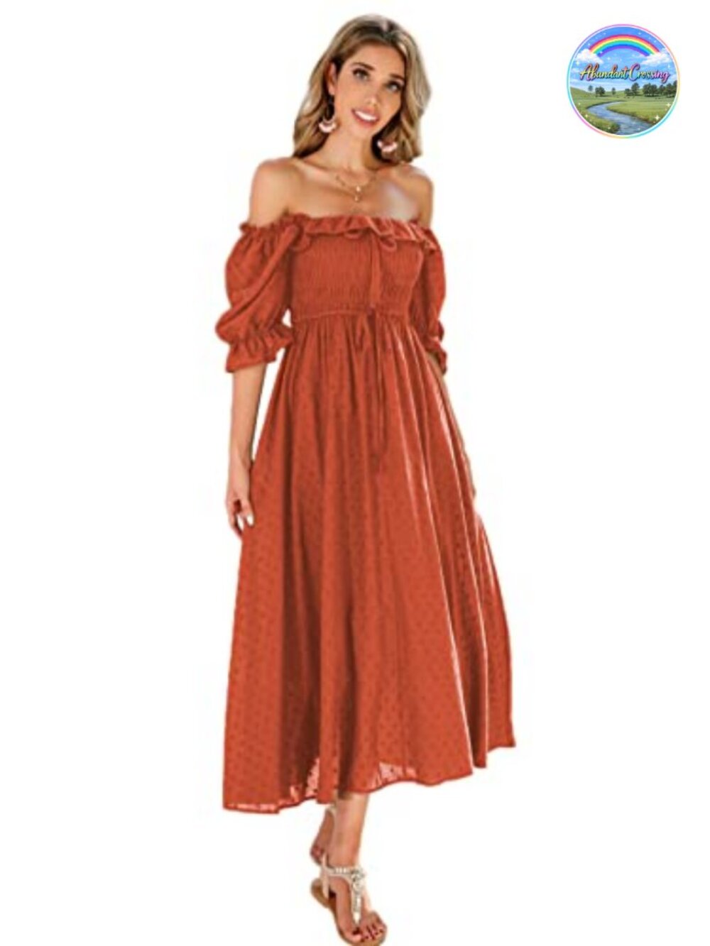 R.Vivimos 100% Cotton A Line Flowy Midi Dress Square Neck Puff Sleeve Summer